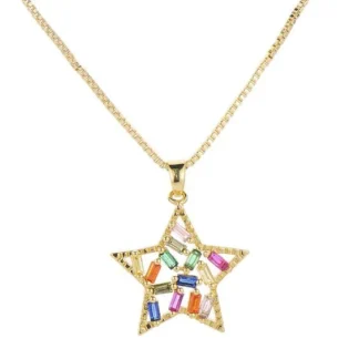 collier etoile cristaux multicolores zircons et acier inoxydable