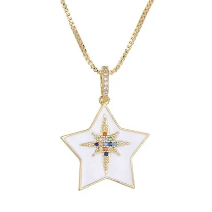 Pendentif etoile emaillee blanche orne de zircons multicolores